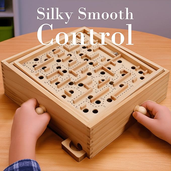 Sterling Games Wooden Labyrinth with 3 Swappable Boards – Classic Maze Game with 60, 36, and 25 Waypoints – Wooden Tilt Puzzle with Knob Control and 3 Steel Marbles for Kids Age 6+