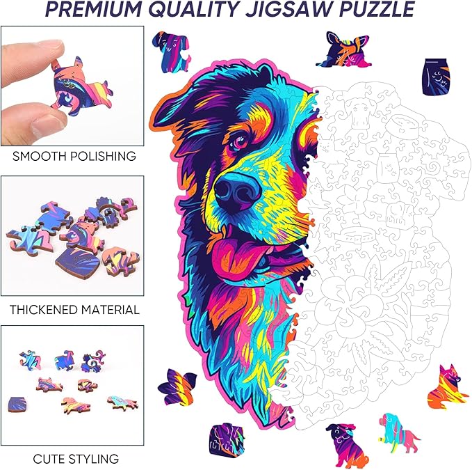 Australian Shepherd Dogs Wooden Puzzle 500 Pieces Stained Colorful Art Painting Jigsaw Puzzle for Adults, Birthday Mother's Father's Day Christmas for Family Game (14.9 * 17.1 in)