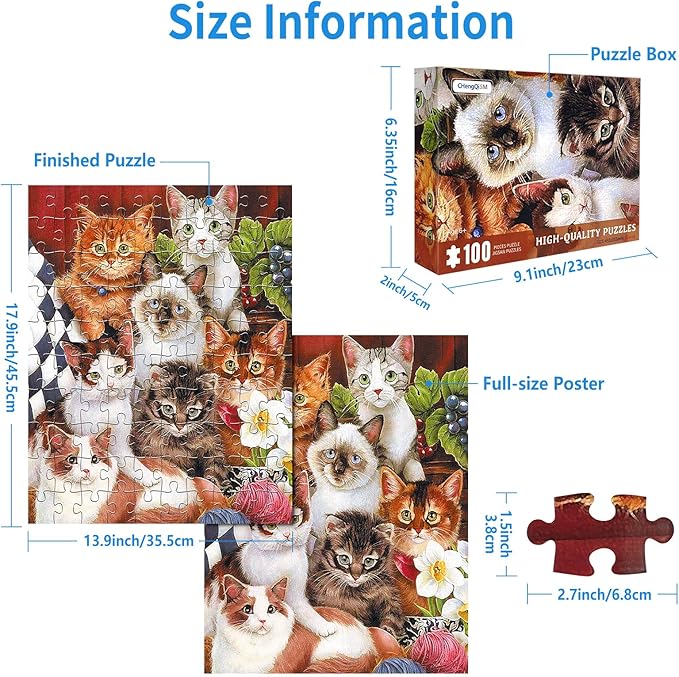 100 Piece Puzzles for Kids Cute Cat 100 Piece Puzzles for Adults, Kitten Group Photo 100 Pieces Puzzle for Kids Ages 4-8, Cats Selfie Puzzle for Seniors Teens Brain Teaser