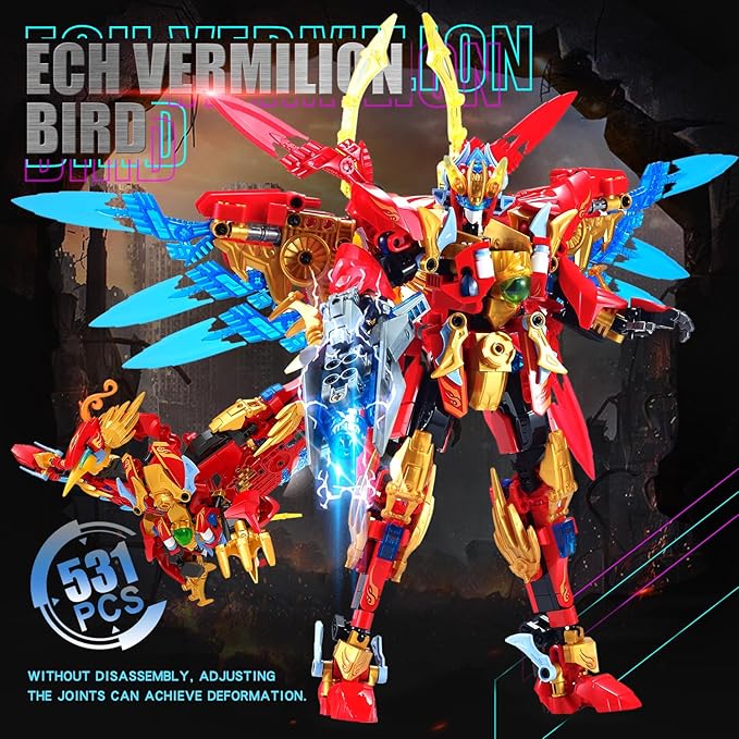 Fire Phoenix Mech Sets 2in1 Building Blocks，Transforming Robot Building Kits with Vermilion Bird Model，Christmas Birthday Gift for Adults Kids Boys Ages 8-14（531 Pieces） (Vermilion Bird)