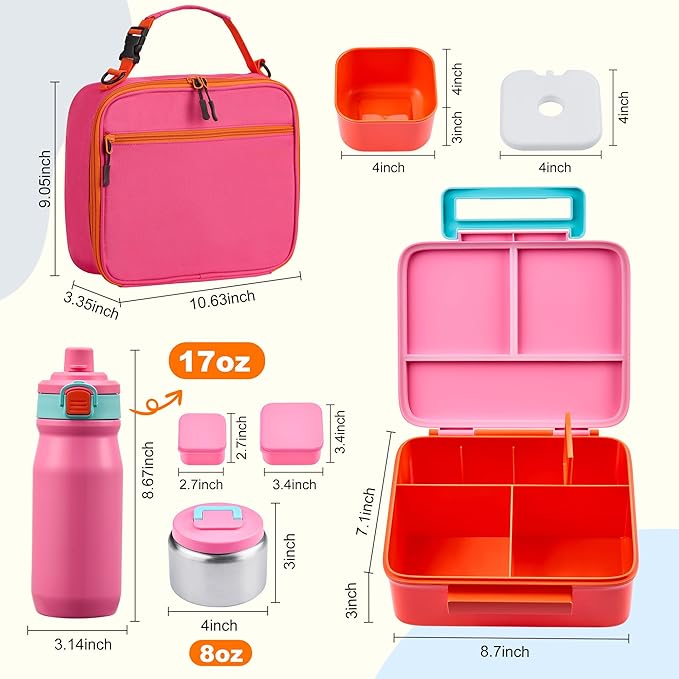 MAISON HUIS Kids Bento Box Set - Includes 8oz Soup Thermo, Insulated Lunch Bag & 17oz Stainless Steel Water Bottle, 5-Compartment Bento Box with Built-In Ice Pack, Leak-Proof & BPA-Free(Pink)