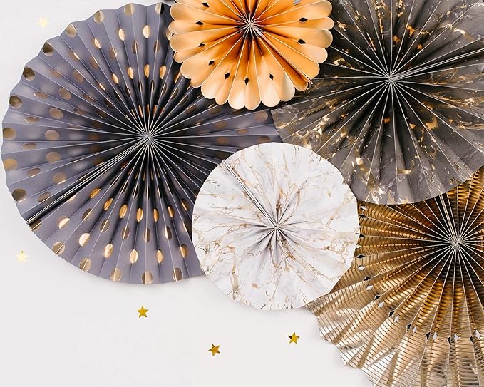 PapaKit Origami Wall Decoration Set (8 Assorted Round Paper Fans) Birthday Party New Year Graduation Events Decor | Creative Art Design Pattern (Charcoal & Gala Blue with Metallic Gold)