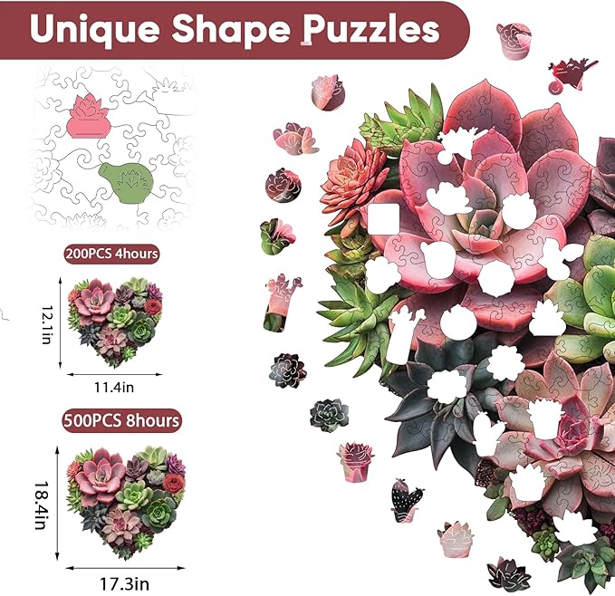 Wooden Puzzles for Adults 500 Pieces,Heart Succulent Unique Shaped Flower Wooden Jigsaw Puzzles for Adults and Kids,Extra Thick 5MM,Birthday Gift,17.3"x18.4"