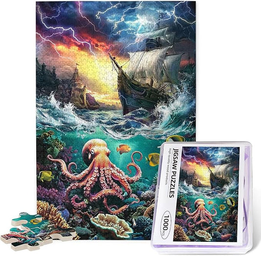 Premium 1000 Piece Jigsaw Puzzle for Adults Marine Pirate Shipoctopus Octopus Ocean Puzzle Sea World Octopus Pirate Ship Treasure Large Best New Marine Artwork Puzzle Game Gift