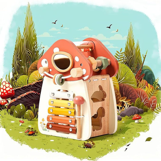 bopoobo Wooden Activity Cube 12-in-1 Montessori Toys for 3 Year Old Boys & Girls, Wooden Multifunctional Sensory Toy –Birthday Gifts for Kids