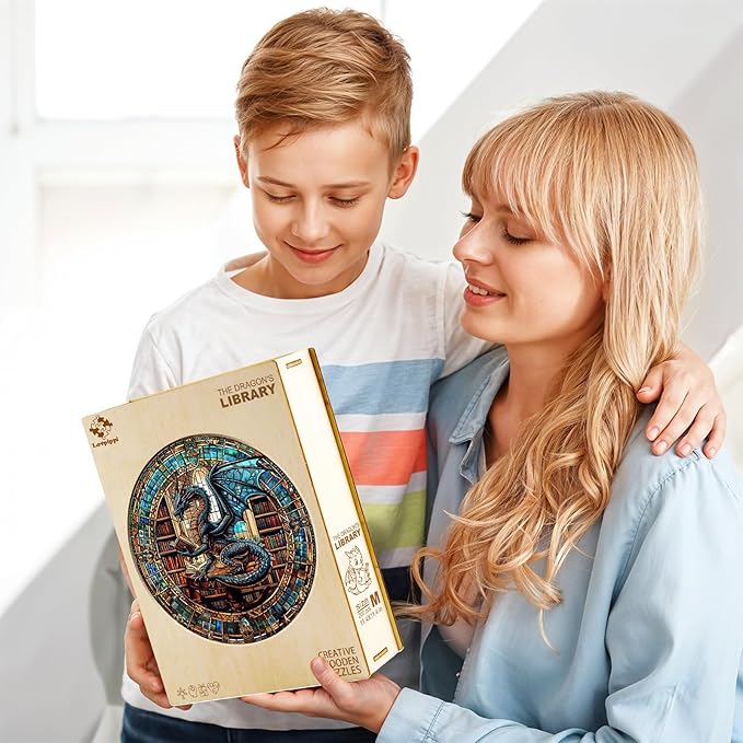 Wooden Puzzles for Adults, Wooden Jigsaw Puzzles for Adults, Wood Puzzles Adult-The Dragon's Library Unique Shaped Dragon Puzzle, Birthday Gifts for Friends Family Game (8.5 * 8.5in 100pcs)