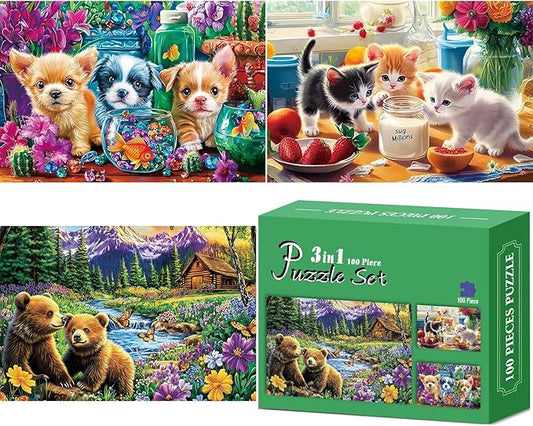 3 Pack 100 Piece Puzzles for Kids, Cat Fish Bear Jigsaw Puzzle for Kids Age 4-6 6-8 8-10,Large Piece Puzzle,Bright & Colorful Educational Puzzle,Great Unique Gift for Boys Girls Birthday Holiday