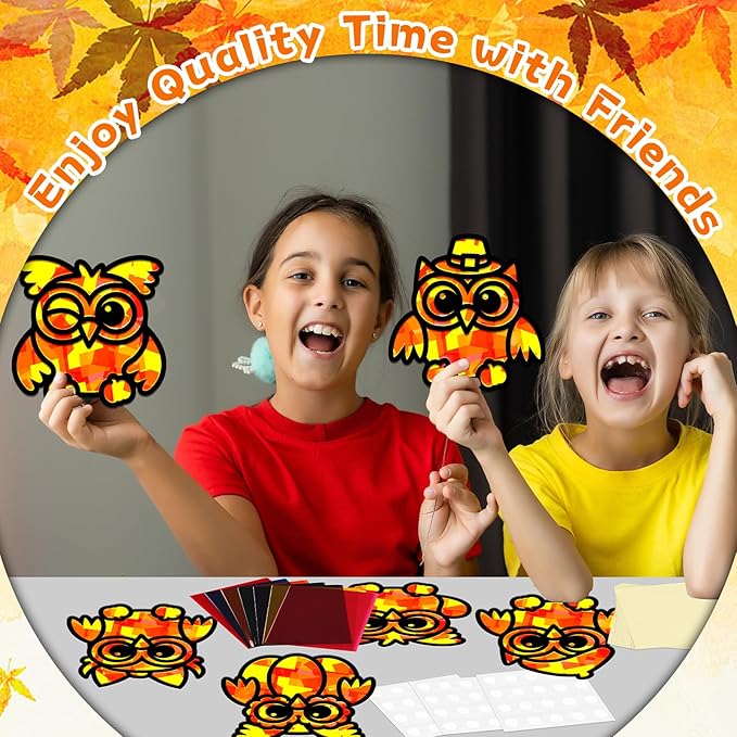 QOUBAI 32 Sets Fall Owl Suncatchers Craft Kit DIY Window Stained Glass Effect Autumn Owl Paper Crafts Home School Classroom Decoration Kid Birthday Gift Creative Art Project Activity Game
