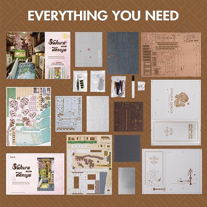 Rowood Book Nook Kit, Bookshelf Insert Decor Alley 3D Wooden Puzzle, DIY Bookend Building Set Model Kit with LED Light -Sakura Tram