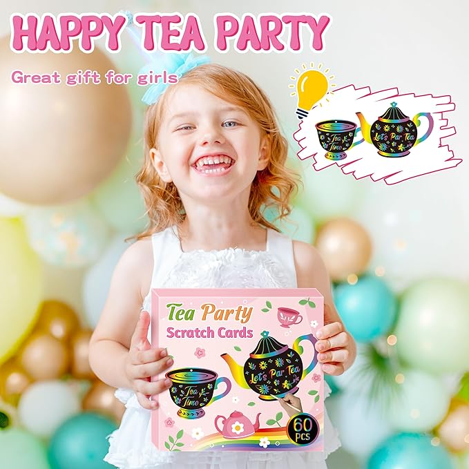 CY2SIDE Tea Party Scratch Cards - 60PCS DIY Floral Tea Cup and Teapot Scratch Paper Art for Kids School Activity, Let’s PARTEA Magic Art Rainbow Color Craft Ornament for Baby Shower Wedding Decoration