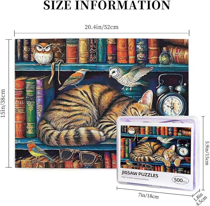 Cat Sleeping On The Bookshelf 500 Piece Puzzle for Adults, Cats Library Jigsaw Puzzle, Funny Kitten Bookshelf Puzzles 500 Piece, Challenging Puzzles for Friends Family Activity Game Nights