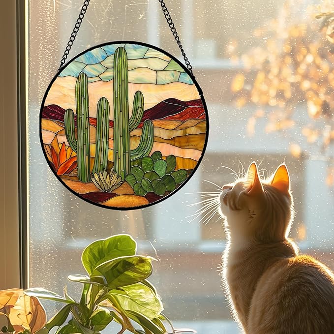 Stained Glass Window Hanging, Green Cactus Sun Catcher for Door Terrace Garden Home Decor, Abstract Desert Landscape Suncatcher Birthday Gifts for Lovers Women Men Dad Mom Nana 7.8 in
