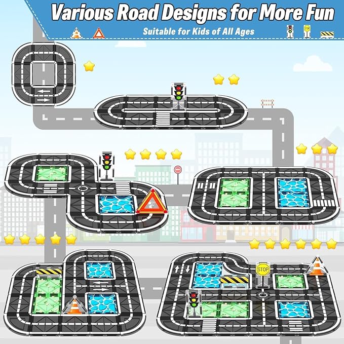 Magnetic Tiles Roads Construction Toys, Traffic Themed Building Blocks Set, Toddler Kids Toys for 3+ Year Old Boys Girls, Montessori STEM Sensory Games, Preschool Learning Educational Birthday Gifts