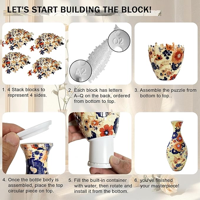 3D Puzzle Vase for Adults, Unique Decorative Jigsaw Flower Vase Home Decoration, Floral Design DIY Craft Kit for Housewarming Gift, Relaxing Hobby for Women & Man(160-Piece Curved Plastic Puzzles)