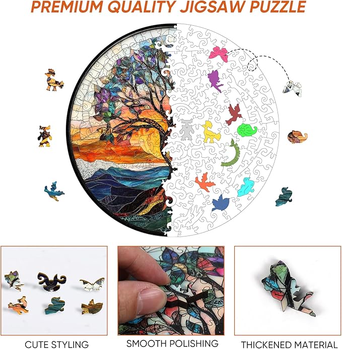 Wooden Puzzles for Adults 500 Pieces, Stained Glass Tree of Life Puzzle, Extra Thick 5MM Unique Shape Jigsaw Puzzles for Kids, Family Game, Birthday Gifts 16.5 * 16.5 Inches