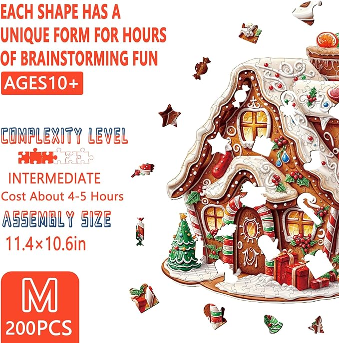 Christmas Wooden Puzzles for Adults, Gingerbread House Wooden Jigsaw Puzzle, Unique Shape Wood Puzzles Adult, Presents for Family and Friends, Wall Art Home Decor (M-11.4 * 10.6in- 200 Pieces)