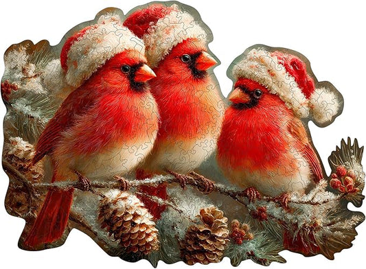Christmas Cardinal Wood Puzzles Adult – Three Baby Birds with Santa Hat, 480Pcs Wooden Jigsaw Puzzle for Festive Holiday Fun, Teens’s Party and Winter Activity 18.5"×13.5"
