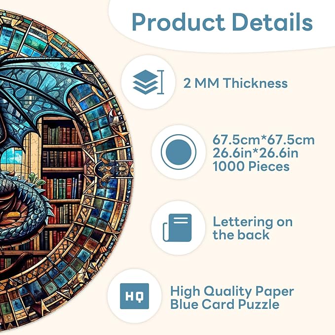 Round Puzzles for Adults 1000 Pieces, Hard Difficult Challenging Puzzles for Adults, Dragon's Library Jigsaw Puzzles 1000 Pieces for Seniors, 3D Visual Flat Puzzle (26.6 x 26.6in)