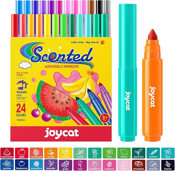 JoyCat Scented Washable Markers For kid, 24 Vibrant Colors with Fun Scent-Chunky Nip for Easy Grip, Coloring Markers For Toddlers, Non-Toxic & Safe for Ages 3+,Ideal Gift & Art Activities Supply
