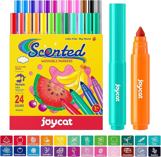 JoyCat Scented Washable Markers For kid, 24 Vibrant Colors with Fun Scent-Chunky Nip for Easy Grip, Coloring Markers For Toddlers, Non-Toxic & Safe for Ages 3+,Ideal Gift & Art Activities Supply