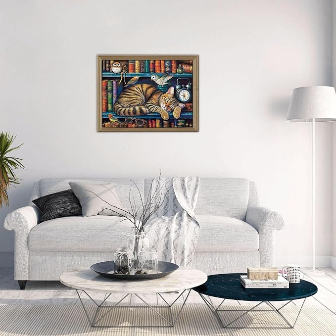 Cat Sleeping On The Bookshelf 500 Piece Puzzle for Adults, Cats Library Jigsaw Puzzle, Funny Kitten Bookshelf Puzzles 500 Piece, Challenging Puzzles for Friends Family Activity Game Nights