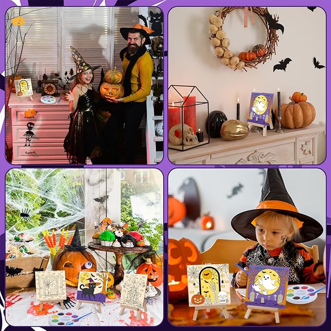 87 Pcs/12 Set Halloween Unfinished Wood Crafts Set Holiday Painting Gift Bulk Predrilled Wooden Ornaments Watercolor Paints with Cards Craft for Holiday Bags Party Supplies