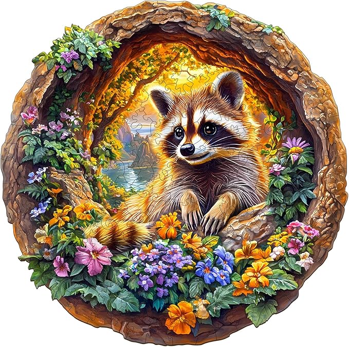 KAAYEE Wooden Puzzles for Adults, 3D Visual Effect Raccoon on Vacation Wooden Jigsaw Puzzle Unique Shape Wood Puzzle Adult, 3D Effect Flat Puzzle Birthday Family Game (M-11.4 * 11.3 in-200pcs)