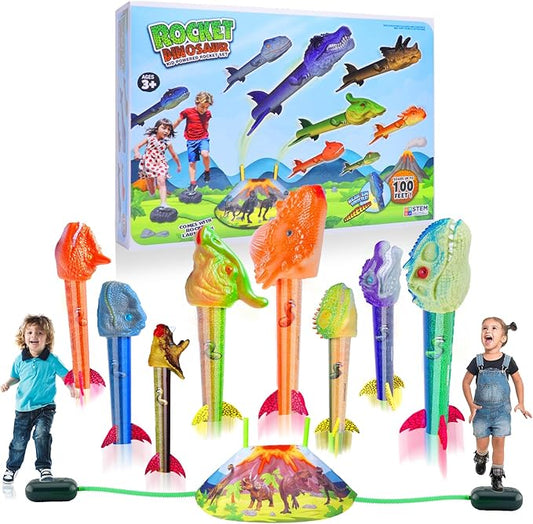 Dinosaur Rocket Launcher for Kids - Launch Up to 100 Ft, 8 Rockets and 2 Pads for Multi-Player, Dinosaur Toys, Birthday Gift Ideas, Toys for 3 4 5 6 7 Year Old Boys, Outdoor Outside Toys