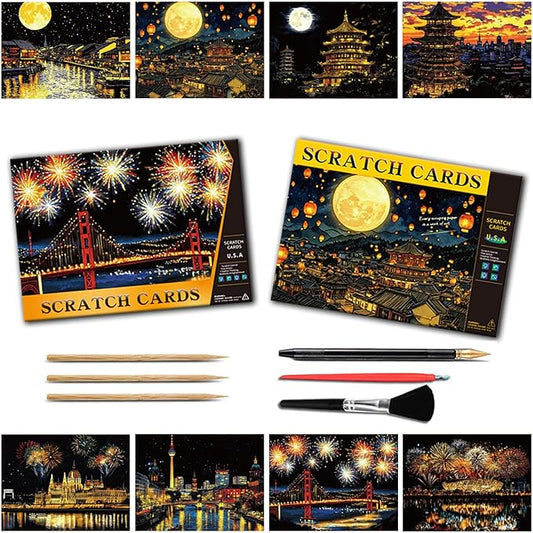 Scratch Art Painting Set for Adults – 8 Sheets A4 Rainbow Scratch Paper,Night Scene Engraving Art Kit Creative Craft Art Set for Craft Enthusiasts (Famous Landmark/City) by Iskueal