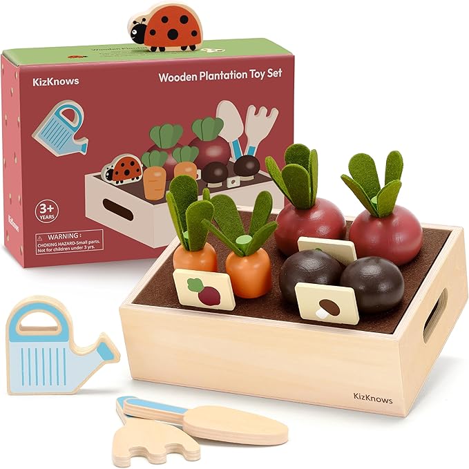 Wooden Montessori Gardening Playset for Kids – 16 Piece Plant & Harvest Toy Kit, Kids Pretend Play Food with Carrots, Beets, Mushrooms, Kitchen Accessories Toy Gift for Boys Girls 3+