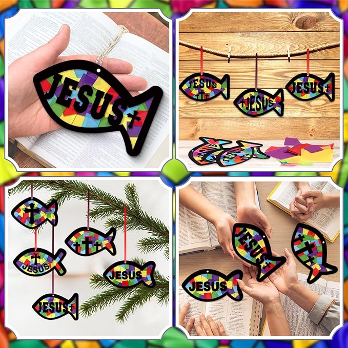 Funrous 32 Set Faith Fish Suncatcher Craft Kit DIY Jesus Fish Craft Religious Cross Hanging Ornament Christian Colorful Tissue Paper for Church Bible Vbs Sunday School Classroom Home Window Deocr