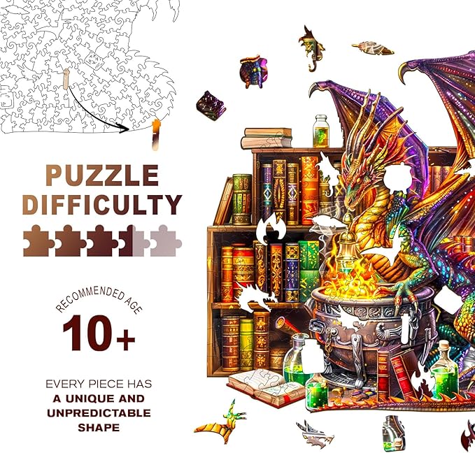Wooden Puzzles for Adults -Dragon Magic Potion Wooden Jigsaw Puzzle, Unique Animal Shaped Wood Puzzles Adult, Christmas Birthday Gifts for Friends/Family, Home Decor 11.4 * 11in 200pcs