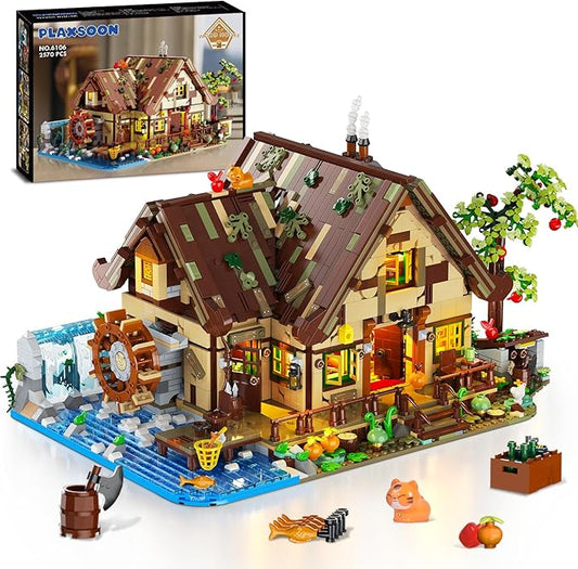 Wood Cabin Mini Building Set with Lights, Forest House Building Block Kit with Animals Stream Waterwheel, 2570 PCS Treehouse Construction Model Toy Collection for Adults Teens Boys Girls 12+