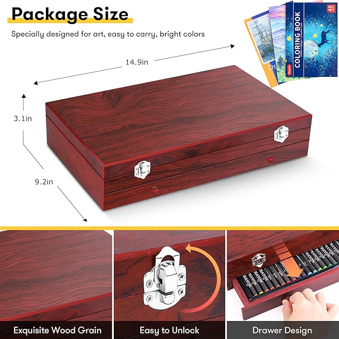 Art Supplies, 150-Pack Deluxe Wooden Art Set Crafts Drawing Painting Kit with 2 -Sketch Pads, 1-Coloring Book, Gift Box for Kids Adults Artist Beginners Teens Girls Boys 5 6 7 8 9 10 11 12