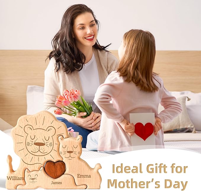 Wooden Lion Family Puzzle, Personalized Puzzles with 2-5 Names, Mothers Day Birthday Gifts for Women Men, Customized Home Decor Housewarming Gifts for Parents Couple Friends