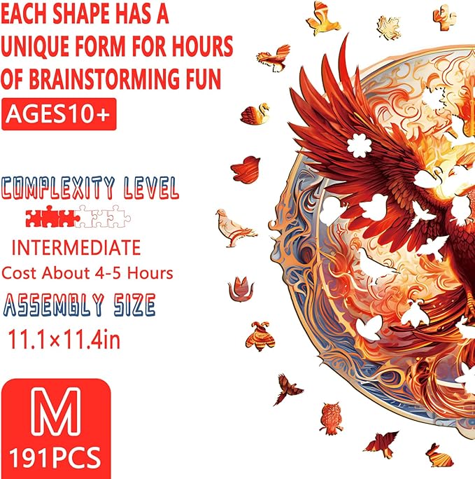 Wooden Puzzles for Adults, Reborn Phoenix Wooden Jigsaw Puzzles for Adults, Wood Puzzles Adult, Unique Animal Shape, Gifts for Friends and Family, Wall Art Canvas Puzzle (M -11.1 * 11.4in -191 pcs)