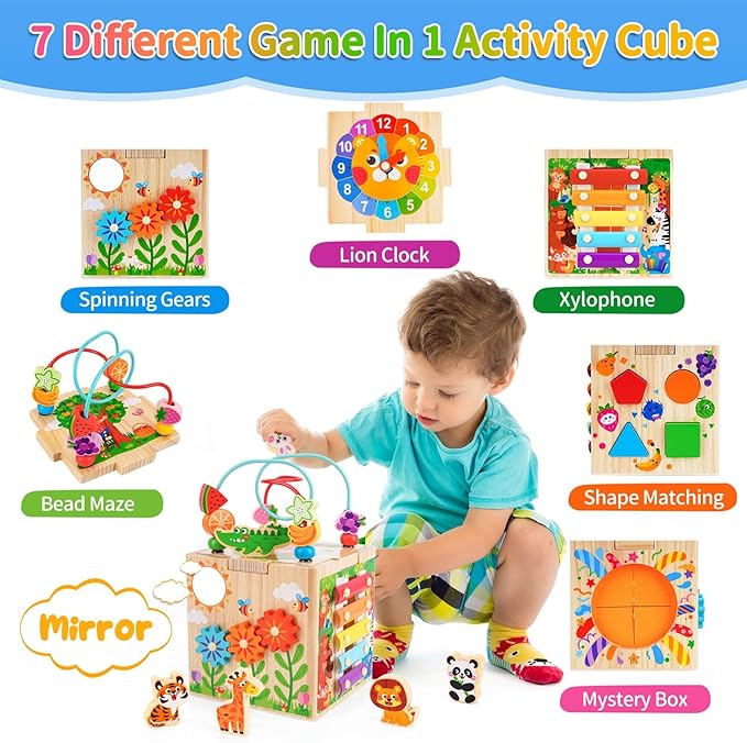 Wooden Activity Cube | Montessori Toys for 1-2 Year Old Toddlers | One Year Old 1st First Birthday Gift | Developmental Toys for 12 Months Baby Boys Girls | Bonus Sorting & Stacking Board (Blue)
