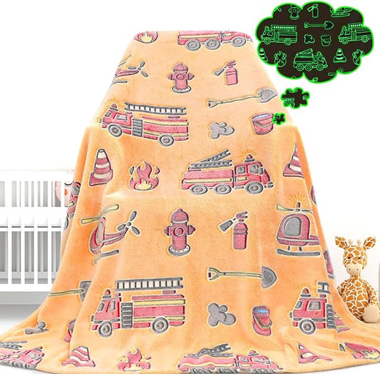 Fire Truck Glow in The Dark Blanket for Toddler Boys Gifts - Construction Firetruck Birthday Gifts for Kids 3-10 Years