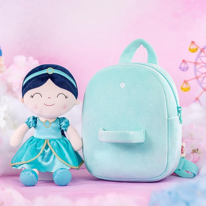 Gloveleya Back to School Gifts for Girls Toddler Backpack for Girls Kids Backpacks Soft Girl Toys Plush Baby Girl Gifts with Plush Princess Jasmins Doll Aqua 9"