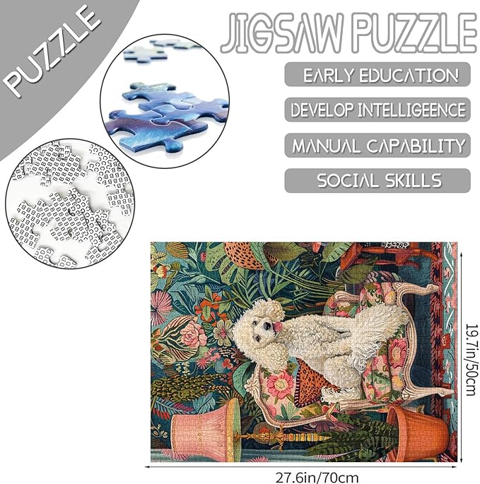 White Moyen Poodle on Couch Jigsaw Puzzles for Adults 1000 Pieces,Pet Dog Botanical Art Jigsaw Puzzle Colorful DIY Craft Puzzles for Home Decoration Gifts Idea,Family Puzzle Perfect for Game Nights