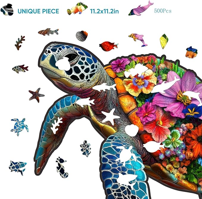 Wooden Puzzles for Adults, Sea Turtle Jigsaw Puzzle 500 Pieces-5MM Thickness,Unique Animal Shape Cut Puzzle, Fun Challenging Puzzles Family Game Gift