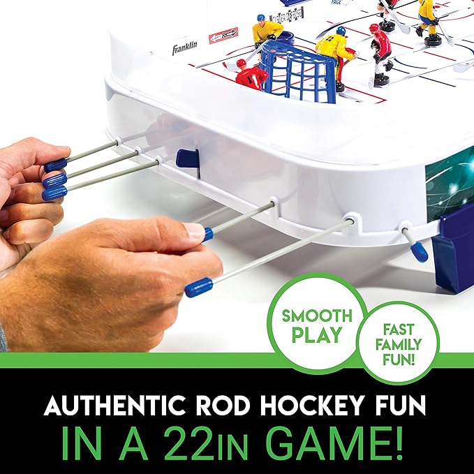 Franklin Sports Table Top Rod Hockey Game Set - Perfect Hockey Toy + Gameroom Game for Kids + Family - Mini Tabletop Rod Hockey Board + Pucks Included