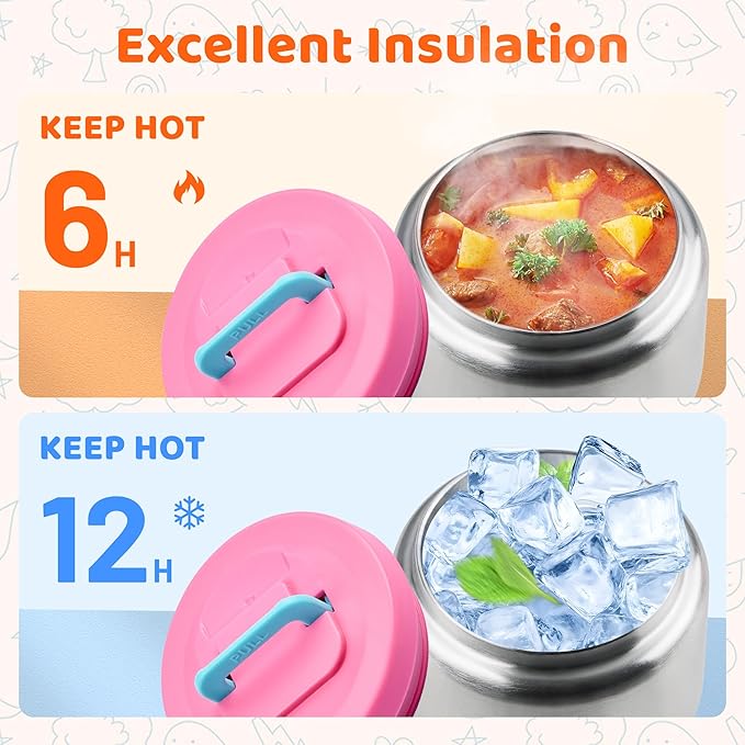 Lunch Box for Kids With 8oz Soup Thermo, Leak-proof Lunch Container with 2 Compartments, Thermo Food Jar Food Containers for Back to School Girls Boys (Pink)