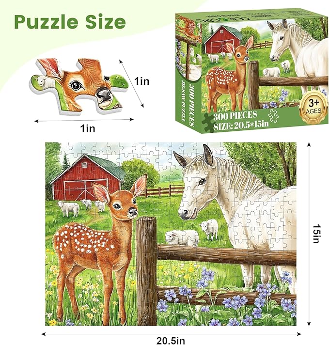 300 Pieces Puzzle for Adults-Deer Jigsaw Puzzle-Farm Horse Puzzles for Kids Ages 8-10-Animal Pet Lover Challenging Puzzles for Friends Family Activity Game Nights Gifts-20.5x15IN
