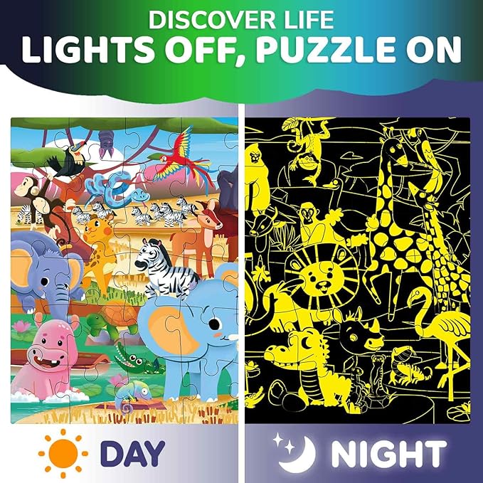 QUOKKA Floor Puzzles for Kids Ages 4–8 – 2x3 FT Giant Glow in The Dark Jigsaw – 48 Large Pieces – African Animal Safari Scene – Montessori Toy with Gift Box – Fun Learning Activity