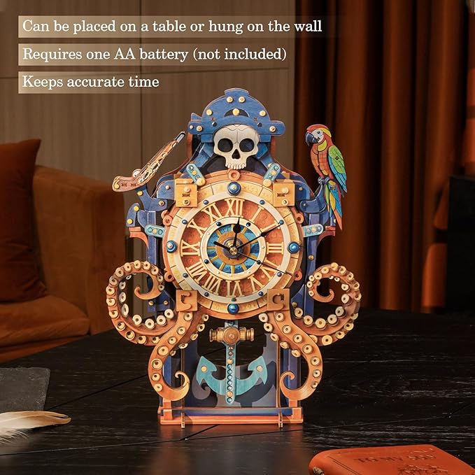 KAAYEE Octopus Pirate Skull Wooden Clock 3D Wooden Puzzle Kit – Steampunk Mechanical Wall ClockDIY Assembly Model – Wooden Puzzles Quartz Timepiece by KAAYEE