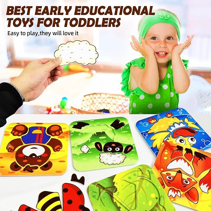5 Sets Felt Puzzles for Toddlers 1-3, Toddlers 2-4,Animals Felt Puzzles Educational Montessori Toys Gifts for 1 2 3 Year Old Kids Learning Toy
