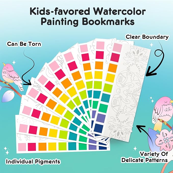 Watercolor Painting Coloring Books Pocket Watercolor Paint Bookmarks, Mess Free Paint with Water Set, Travel Class Activities Art Party Favors Exchange Birthday Gifts for Kids (Enchanting forest)