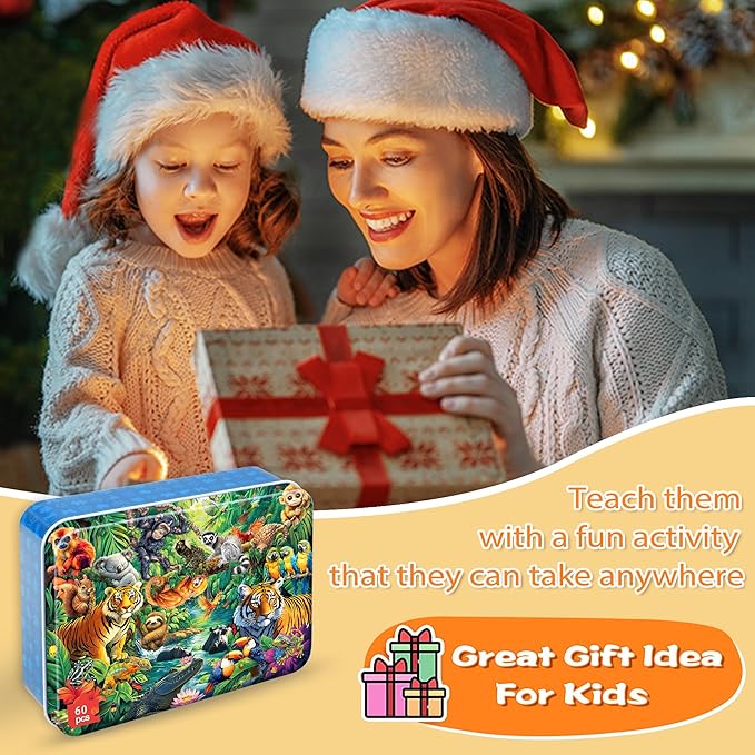 LELEMON Puzzles for Kids Ages 4-6, Jungle Puzzle 60 Piece Puzzles for Kids in a Metal Box, Educational Kids Puzzles Jigsaw Puzzles Childrens Puzzle Games Puzzle Toys for Girls and Boys
