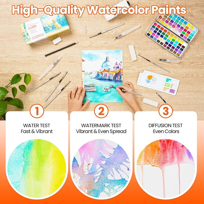 100 Colors Watercolor Paint Set, Vivid colors including Regular, Metallic, Macaron and Fluorescent, Portable with Carrying Case, 9 Water Brushes, Palette and Accessories, For Beginners and Professionals